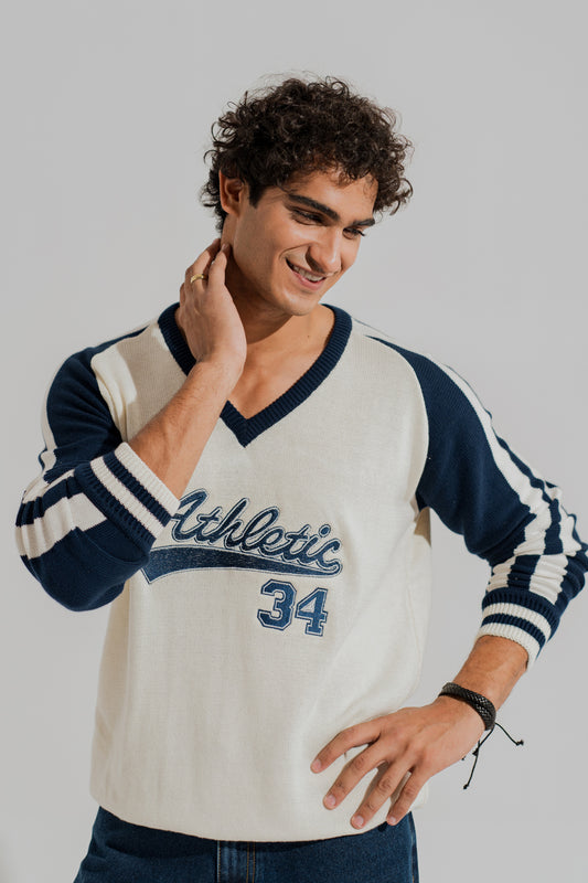 White Relaxed Fit Varsity Sweater - Hustle N Holla