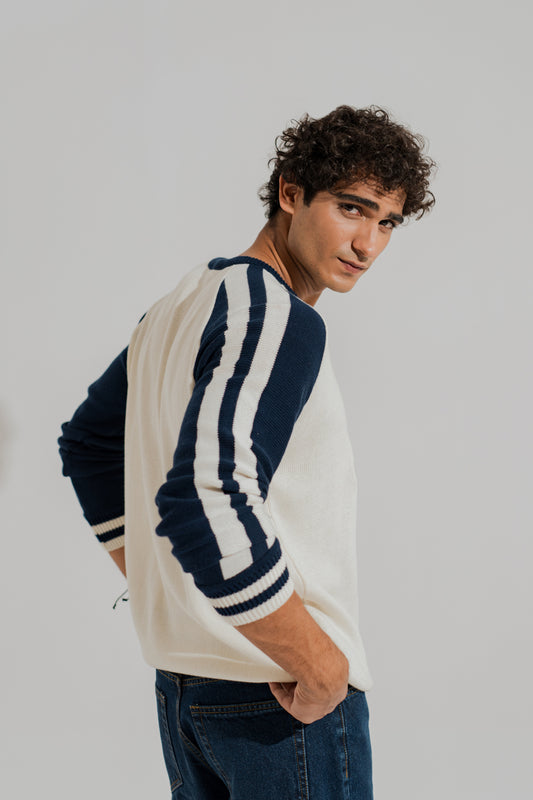 White Relaxed Fit Varsity Sweater - Hustle N Holla