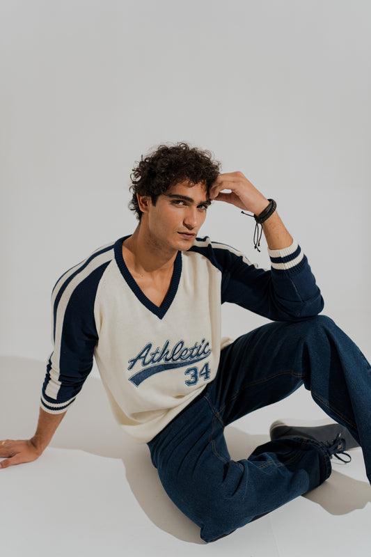 White Relaxed Fit Varsity Sweater - Hustle N Holla