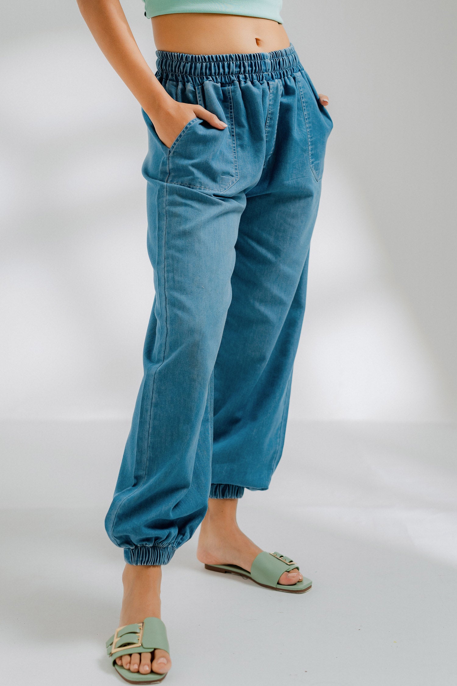 Mid Blue Chambray Jogger Trousers - Hustle N Holla