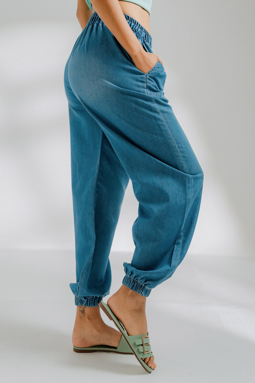 Mid Blue Chambray Jogger Trousers - Hustle N Holla