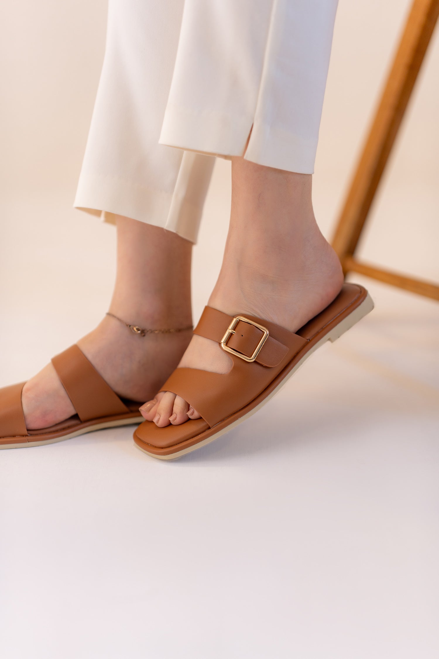 Tan Buckle Strap Flat Slides - Hustle N Holla