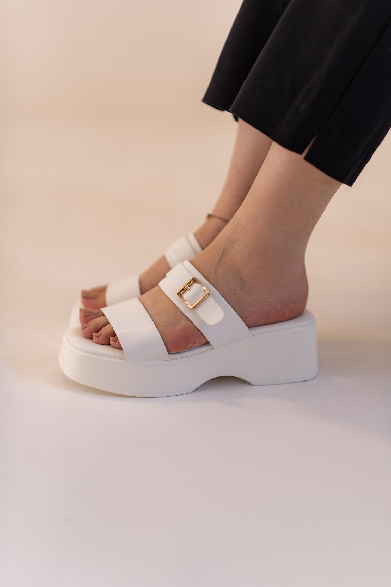 White Chunky Buckle Flats - Hustle N Holla