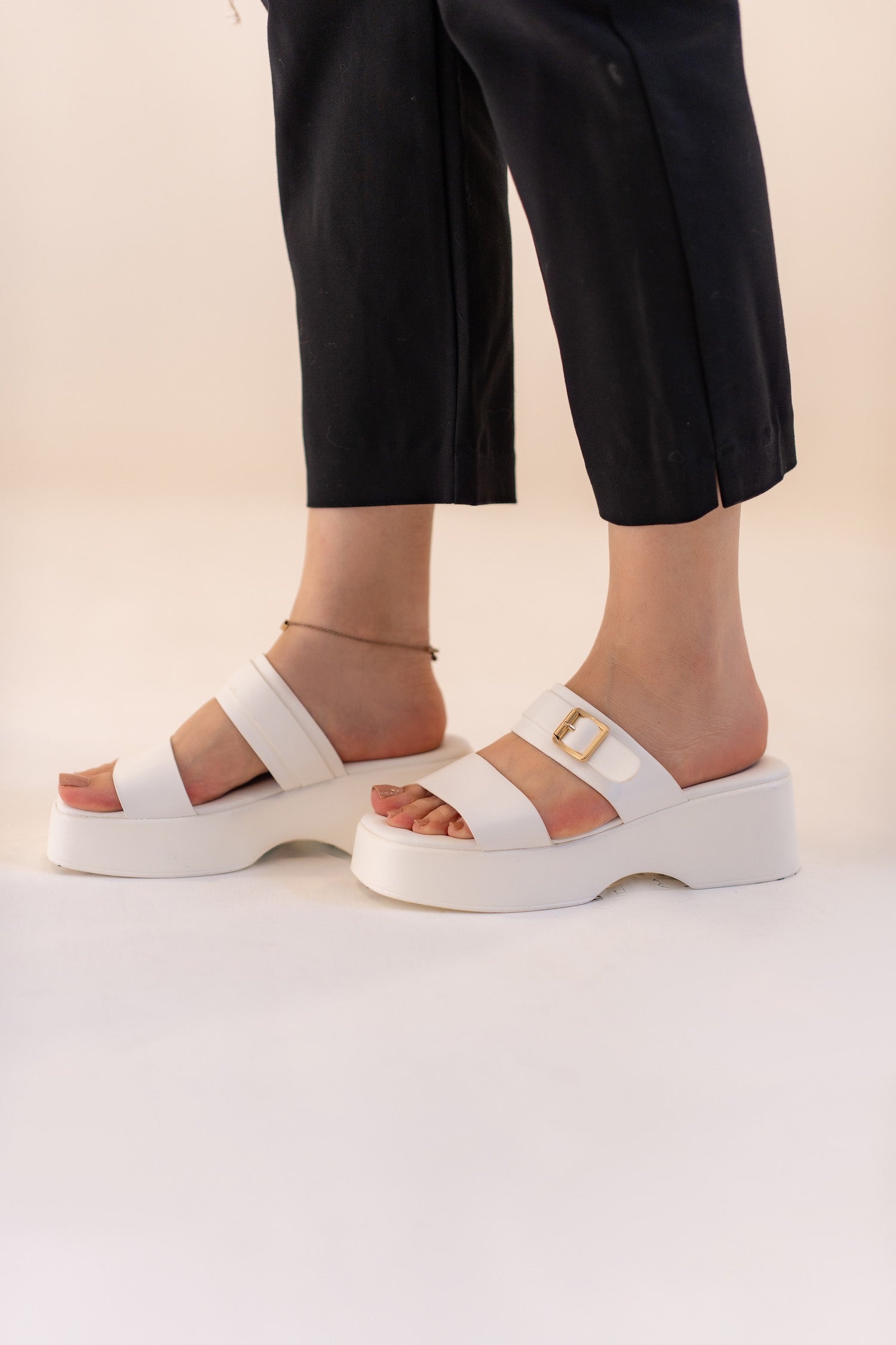 White Chunky Buckle Flats - Hustle N Holla