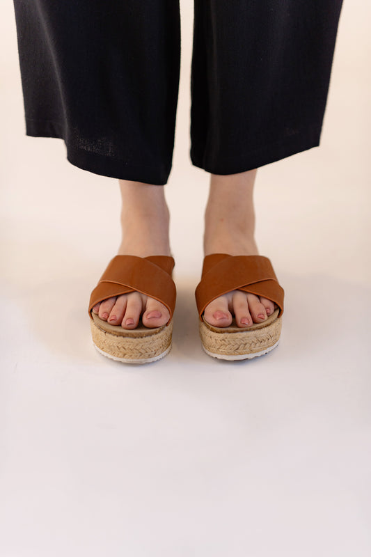 Camel Crossover Strap Wedge Slides - Hustle N Holla