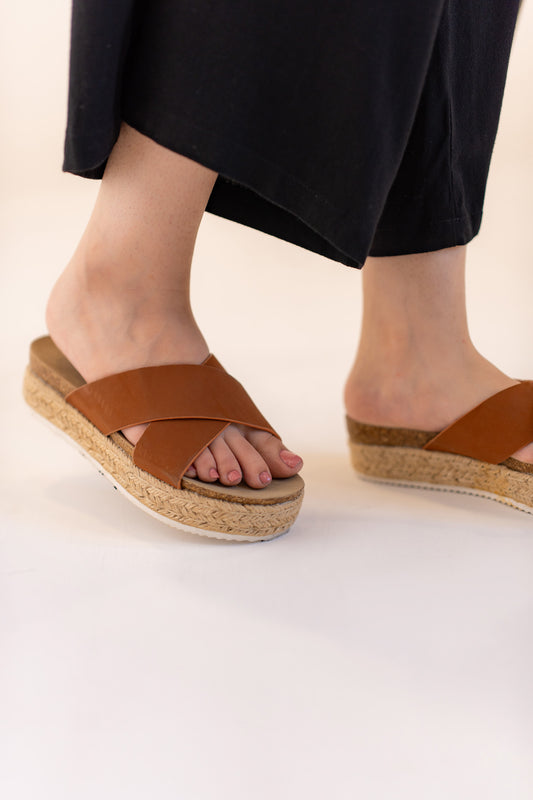 Camel Crossover Strap Wedge Slides - Hustle N Holla