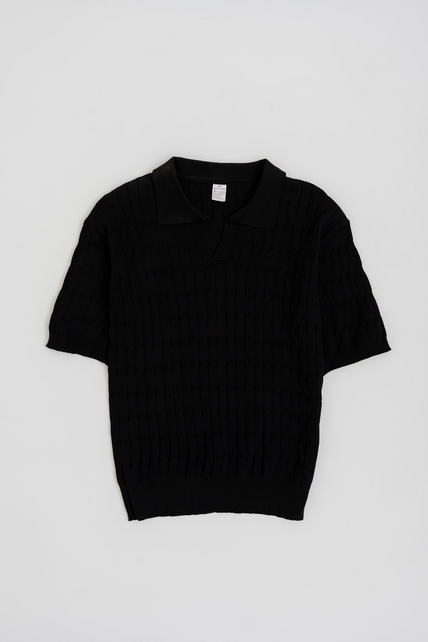 BLACK CABLE KNITTED POLO SHIRT