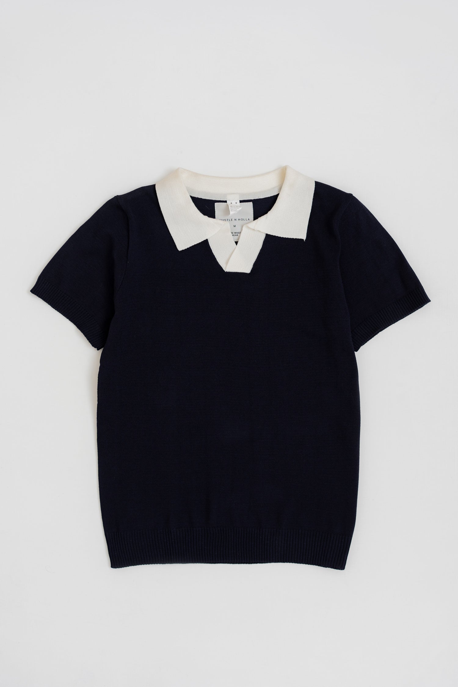 NAVY BLUE KINTTED CONTRASTING COLLAR POLO SHIRT