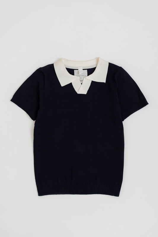 NAVY BLUE KINTTED CONTRASTING COLLAR POLO SHIRT - Hustle N Holla