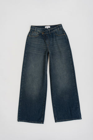 Vintage Wash Asymmetrical Waistband Wide Leg Jeans - Hustle N Holla