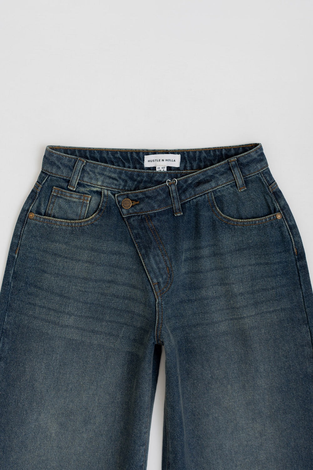 Vintage Wash Asymmetrical Waistband Wide Leg Jeans - Hustle N Holla