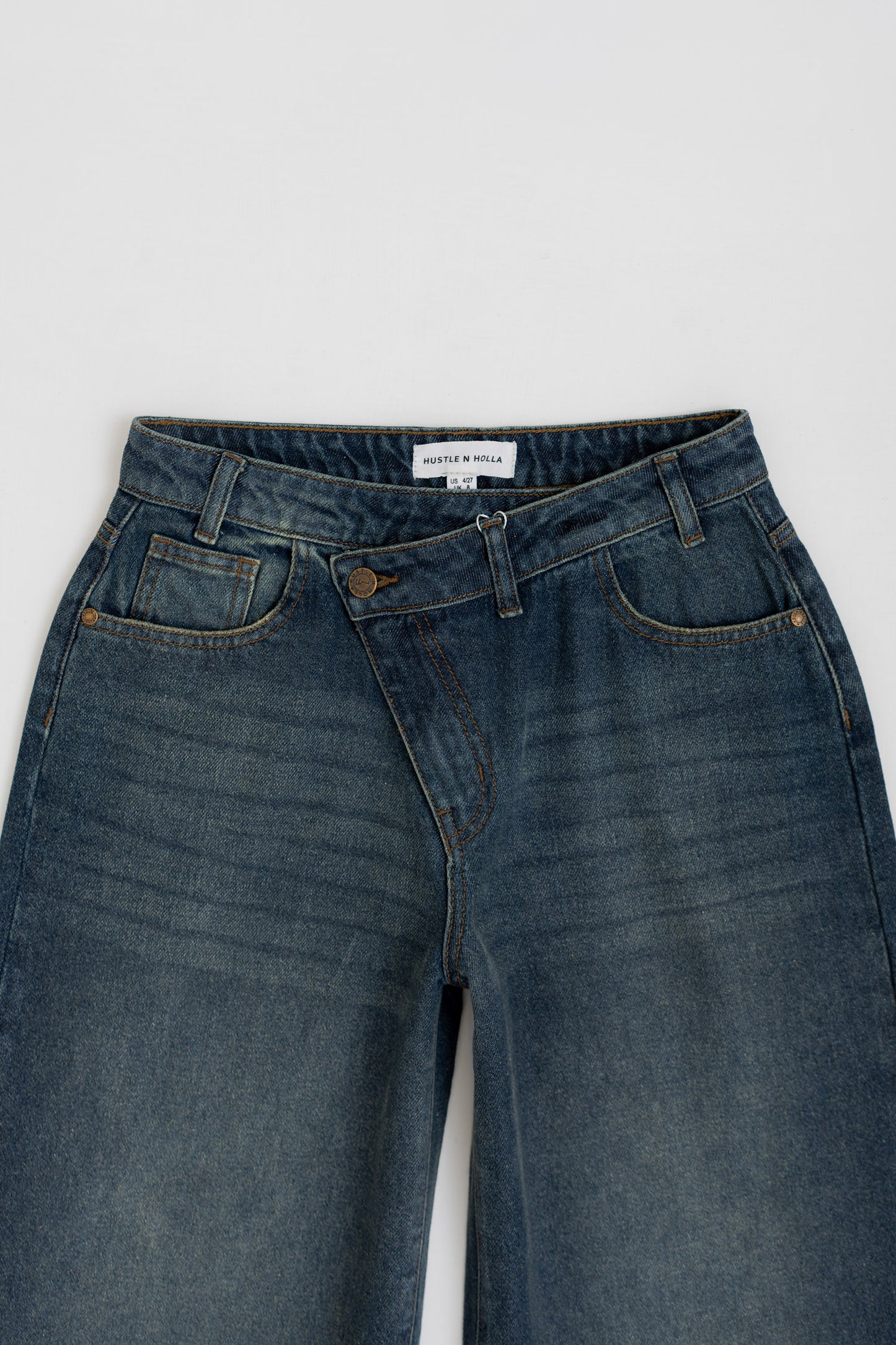 Vintage Wash Assymetrical Button Fly Denim Jeans - Hustle N Holla