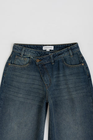 Vintage Wash Asymmetrical Waistband Wide Leg Jeans - Hustle N Holla