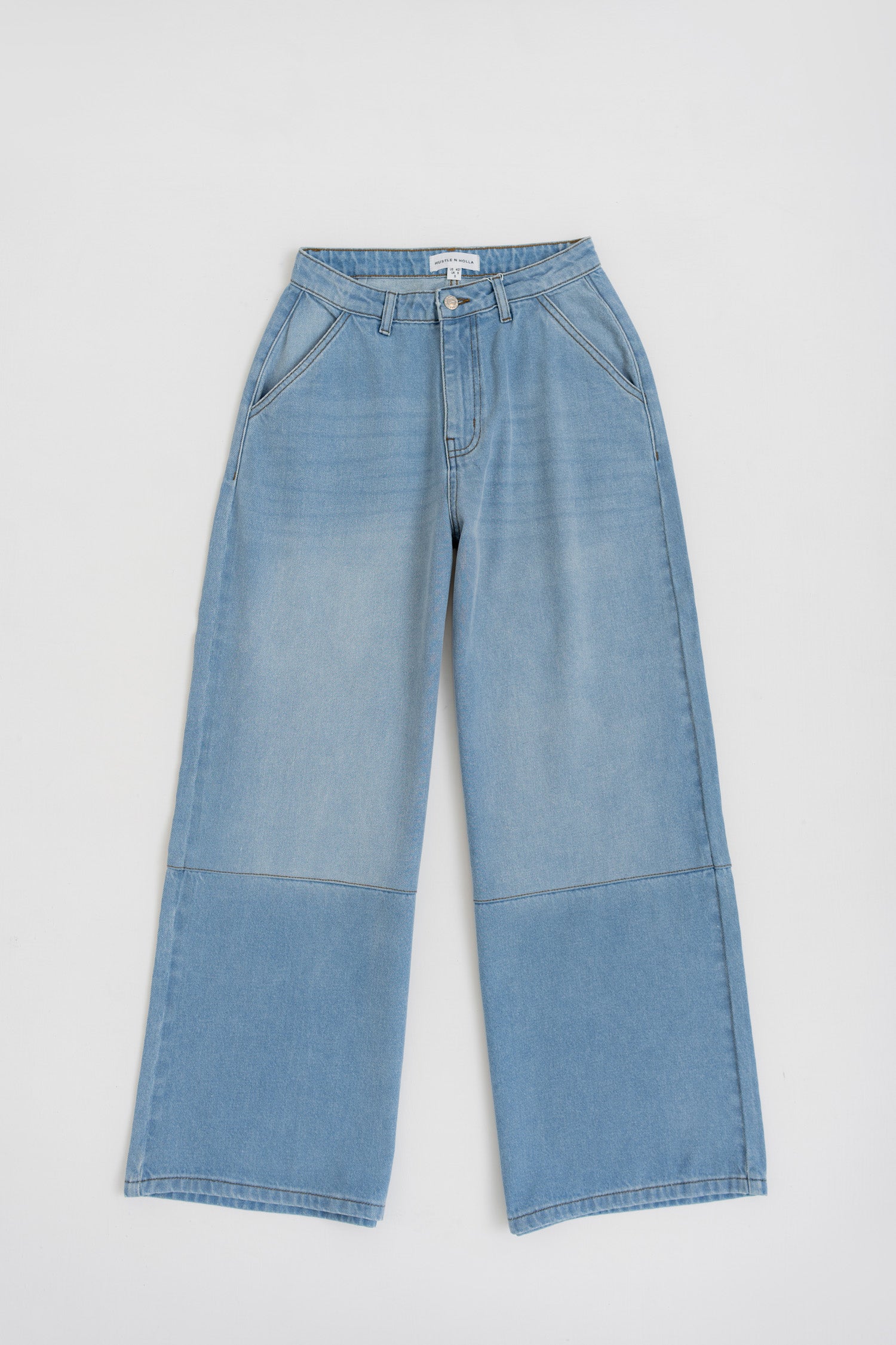 LIGHT WASH WIDE LEG CUT & SEW DENIM JEANS