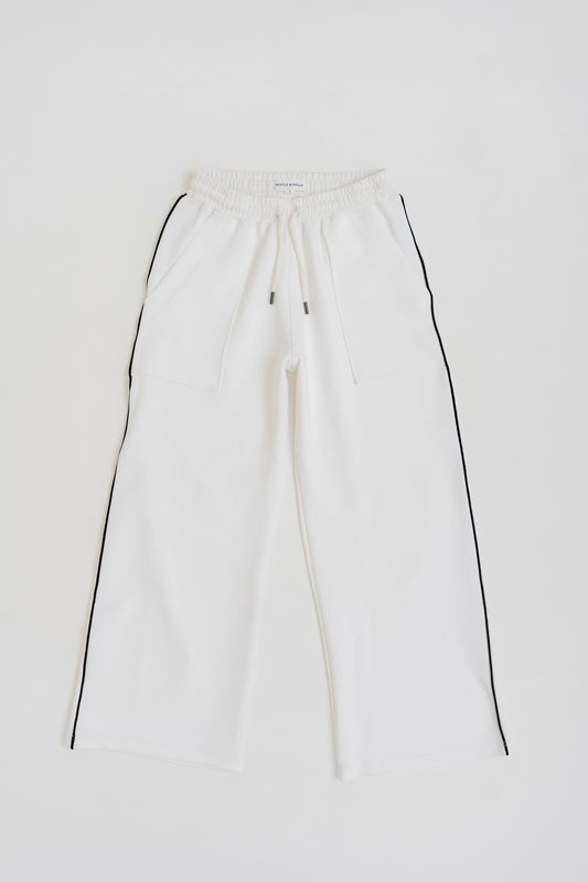 WHITE KNITTED WIDE LEG PANTS WITH CONTRASTING PIPING - Hustle N Holla