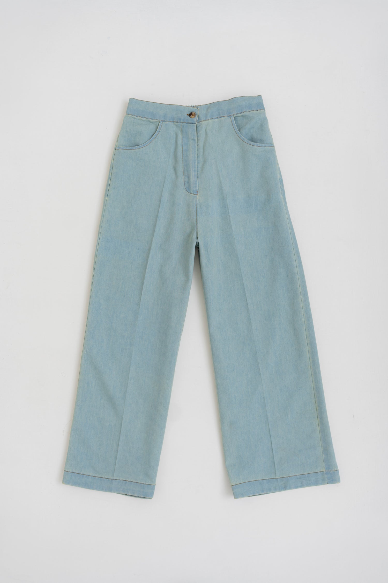 TINTED LIGHT WASH CROPPED WIDE LEG CHAMBRAY TROUSERS