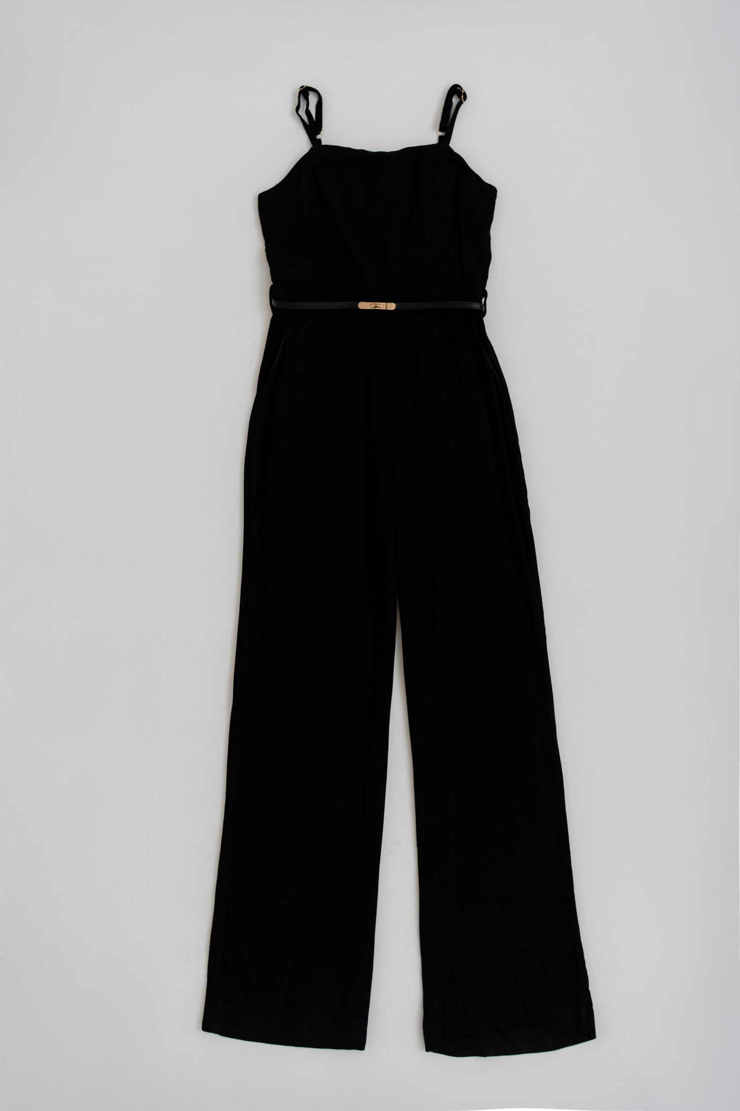 BLACK LINEN BELTED JUMPSUIT WITH CUT OUT DETAIL IN BACK