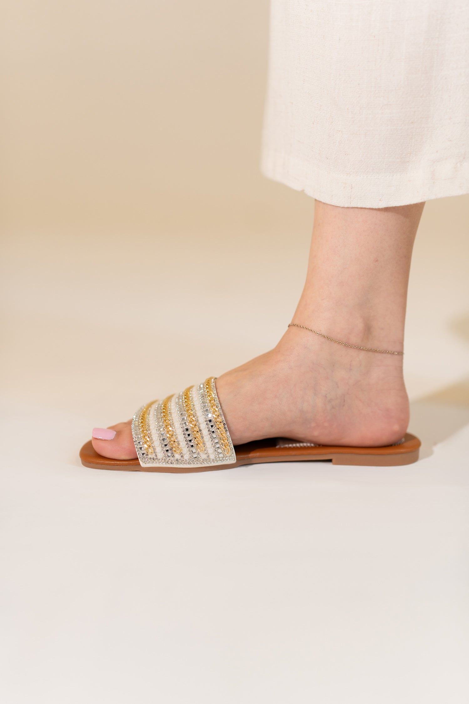 White And Silver Rhnistones Slides - Hustle N Holla