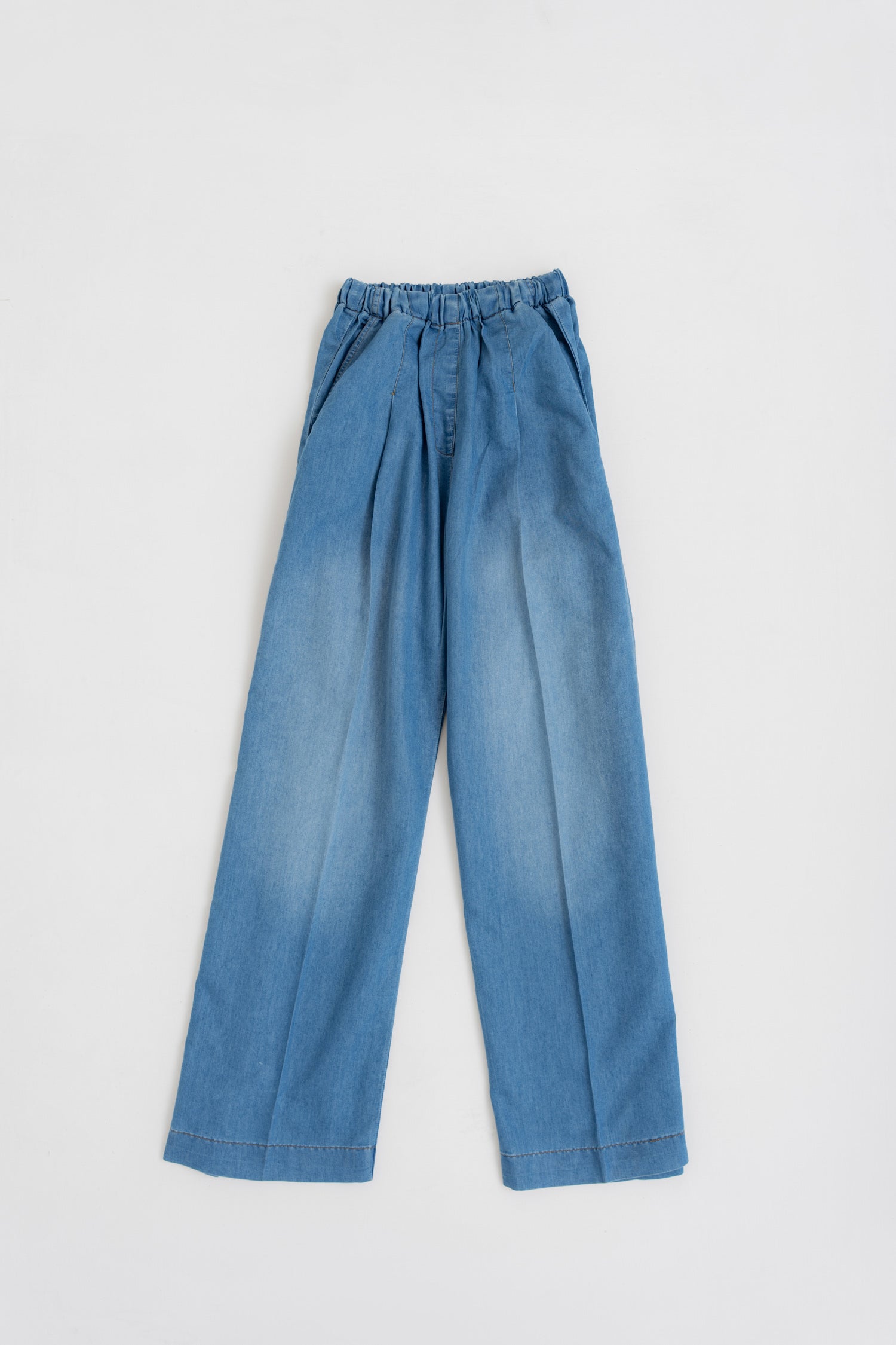 LIGHT WASH CHAMBRAY WIDE LEG DARTED TROUSERS