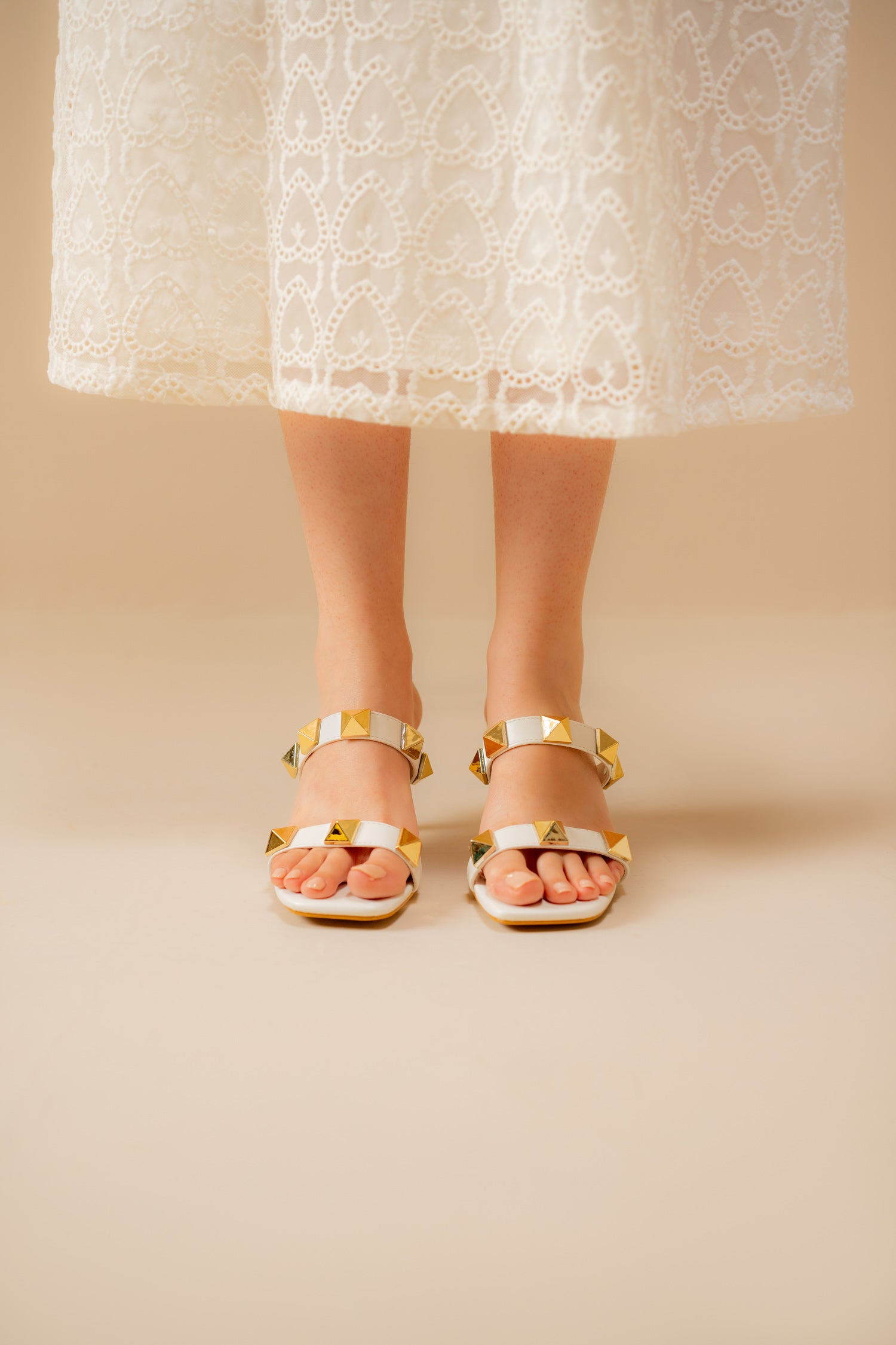 White Double Strap Stud Heels