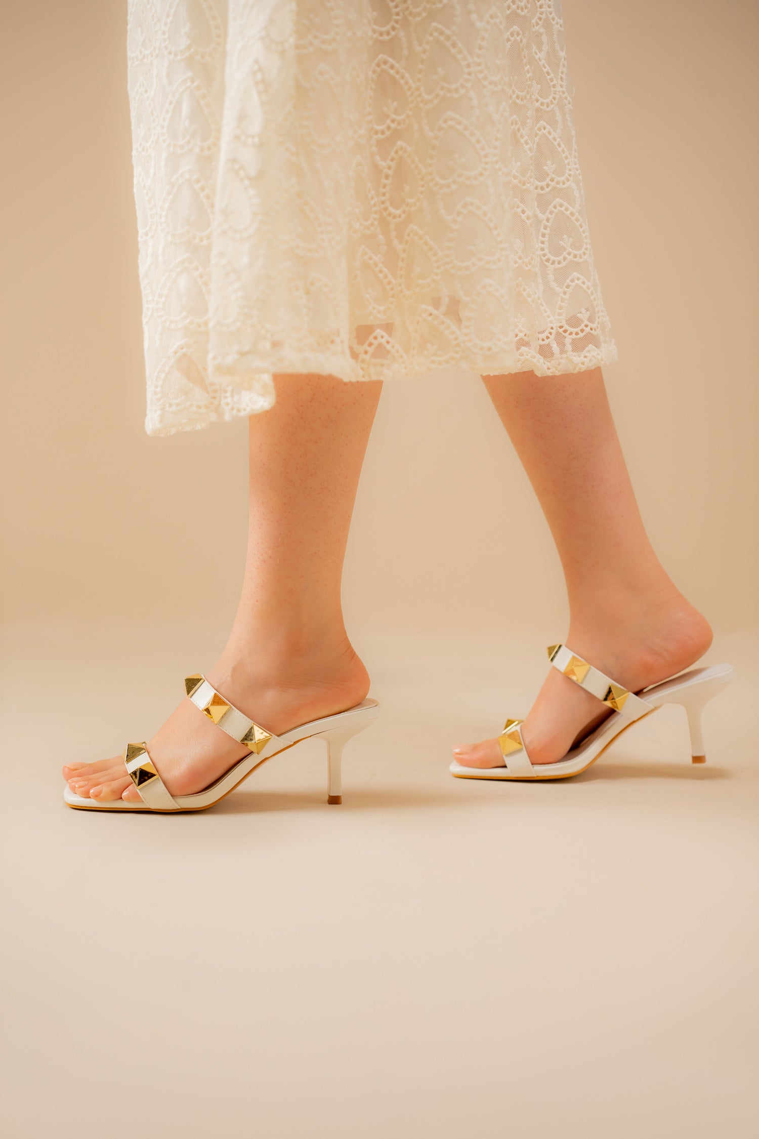 White Double Strap Stud Heels