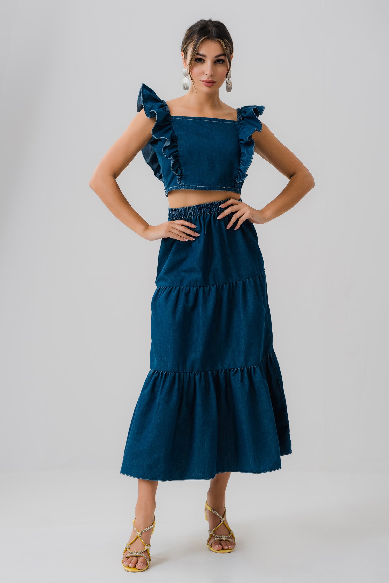 Ruffle Detail Chambray Crop Top - Hustle N Holla