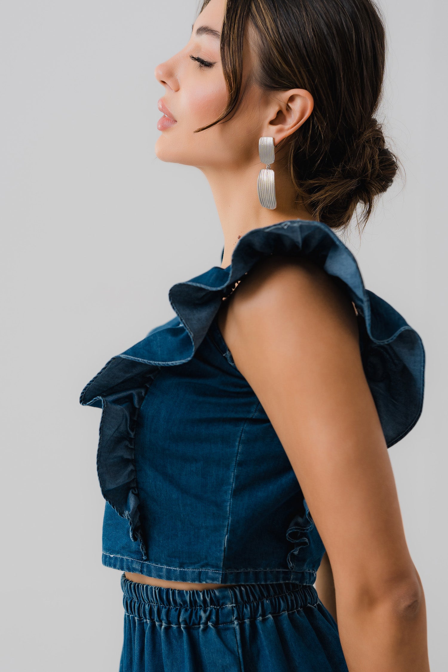 Ruffle Detail Chambray Crop Top - Hustle N Holla