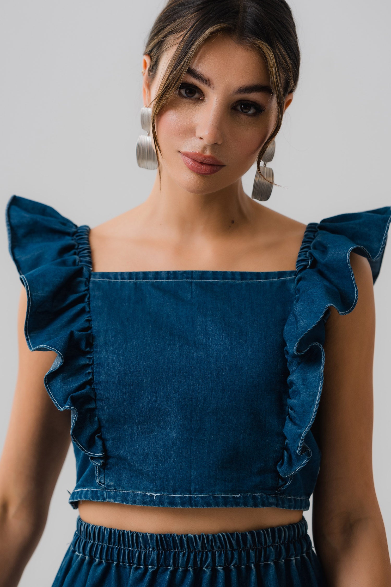 Ruffle Detail Chambray Crop Top - Hustle N Holla