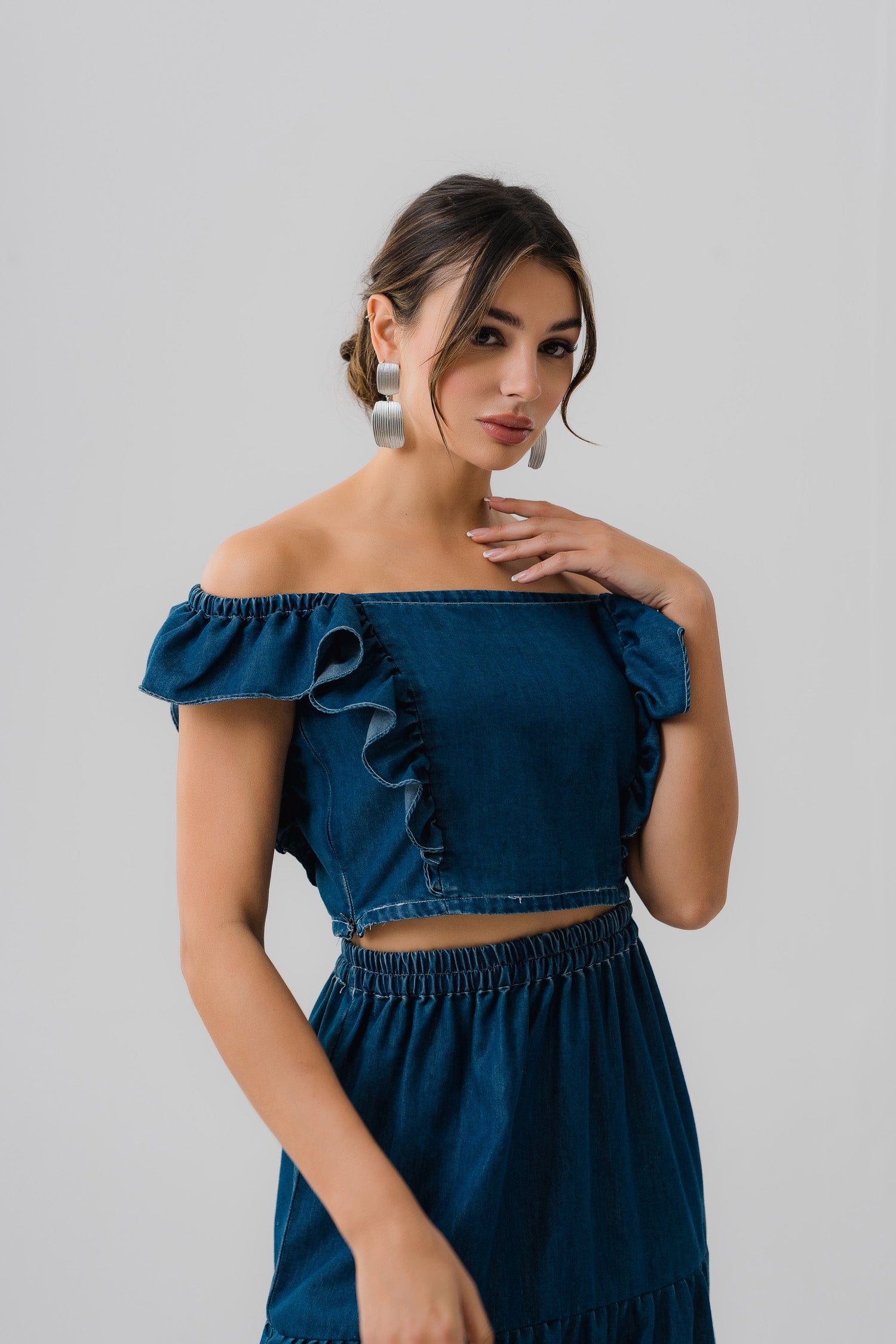 Ruffle Detail Chambray Crop Top - Hustle N Holla