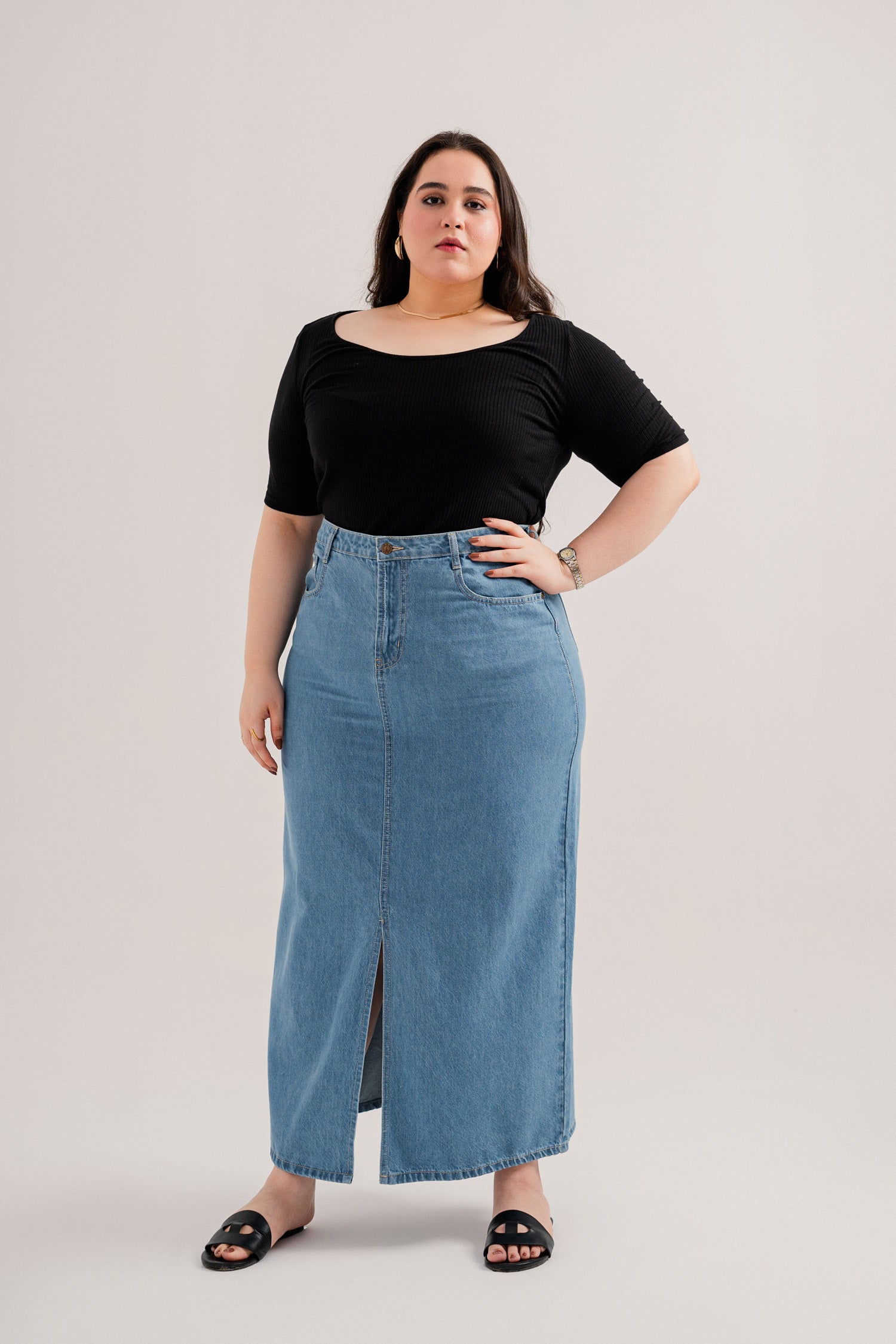 Light Blue Plus-Size Denim Maxi Skirt
