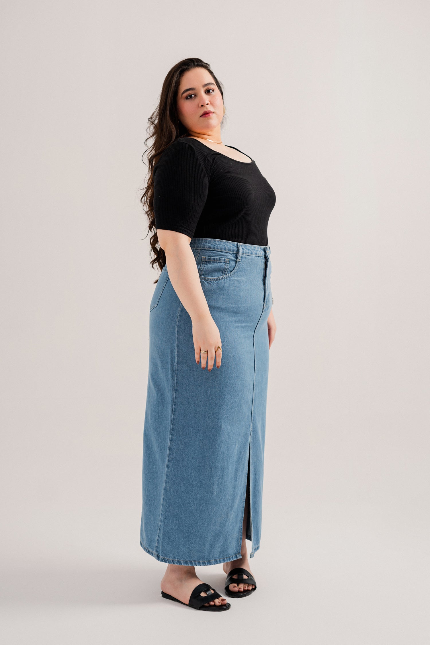 Light Blue Plus-Size Denim Maxi Skirt - Hustle N Holla