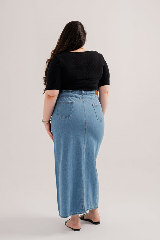 Light Blue Plus-Size Denim Maxi Skirt - Hustle N Holla