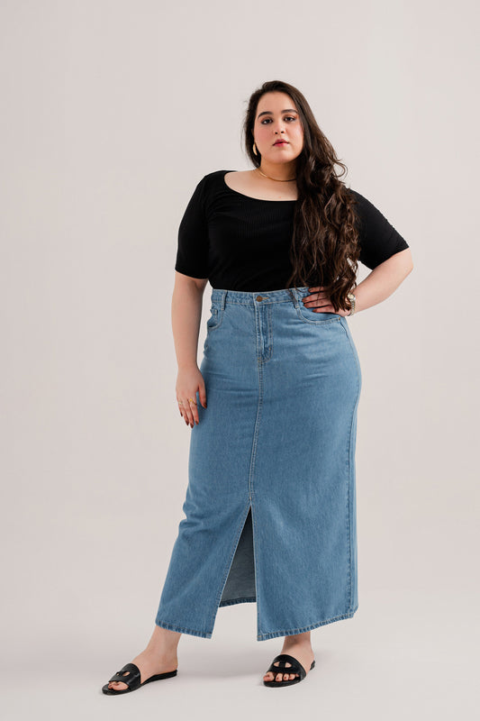 Light Blue Plus-Size Denim Maxi Skirt - Hustle N Holla