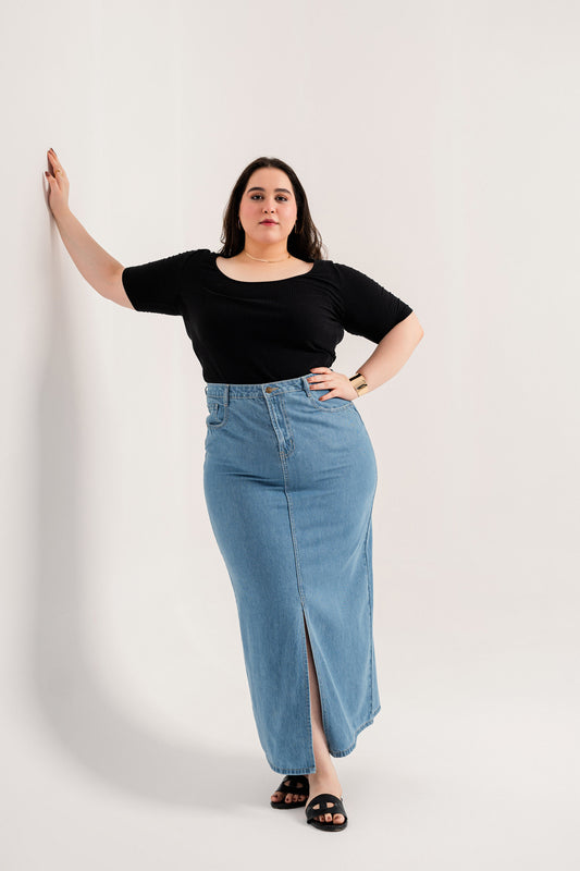 Light Blue Plus-Size Denim Maxi Skirt - Hustle N Holla