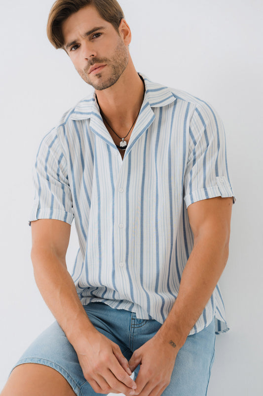 White Relaxed Fit Shirt with Blue Stripes