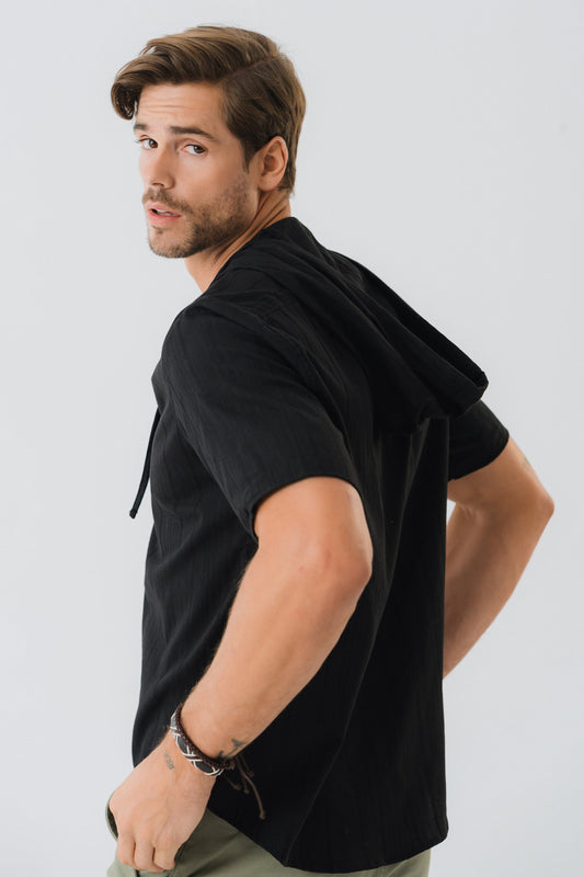Black Cotton Shirt With Hoodie