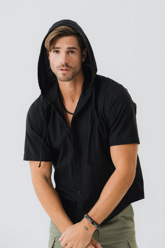 Black Cotton Shirt With Hoodie
