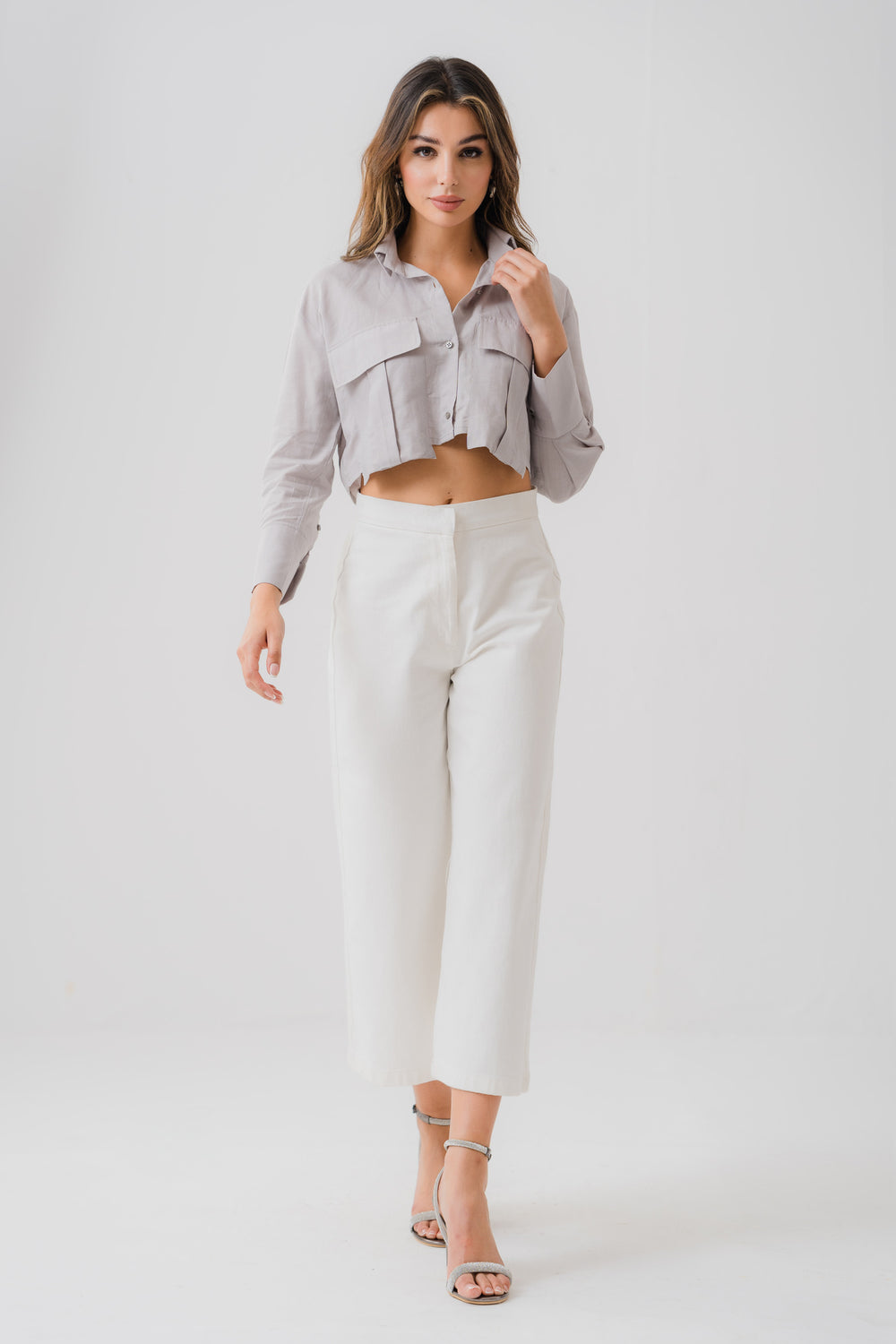 Grey Linen Cropped Shirt - Hustle N Holla