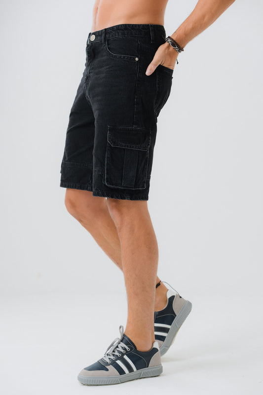Black Cargo Denim Shorts