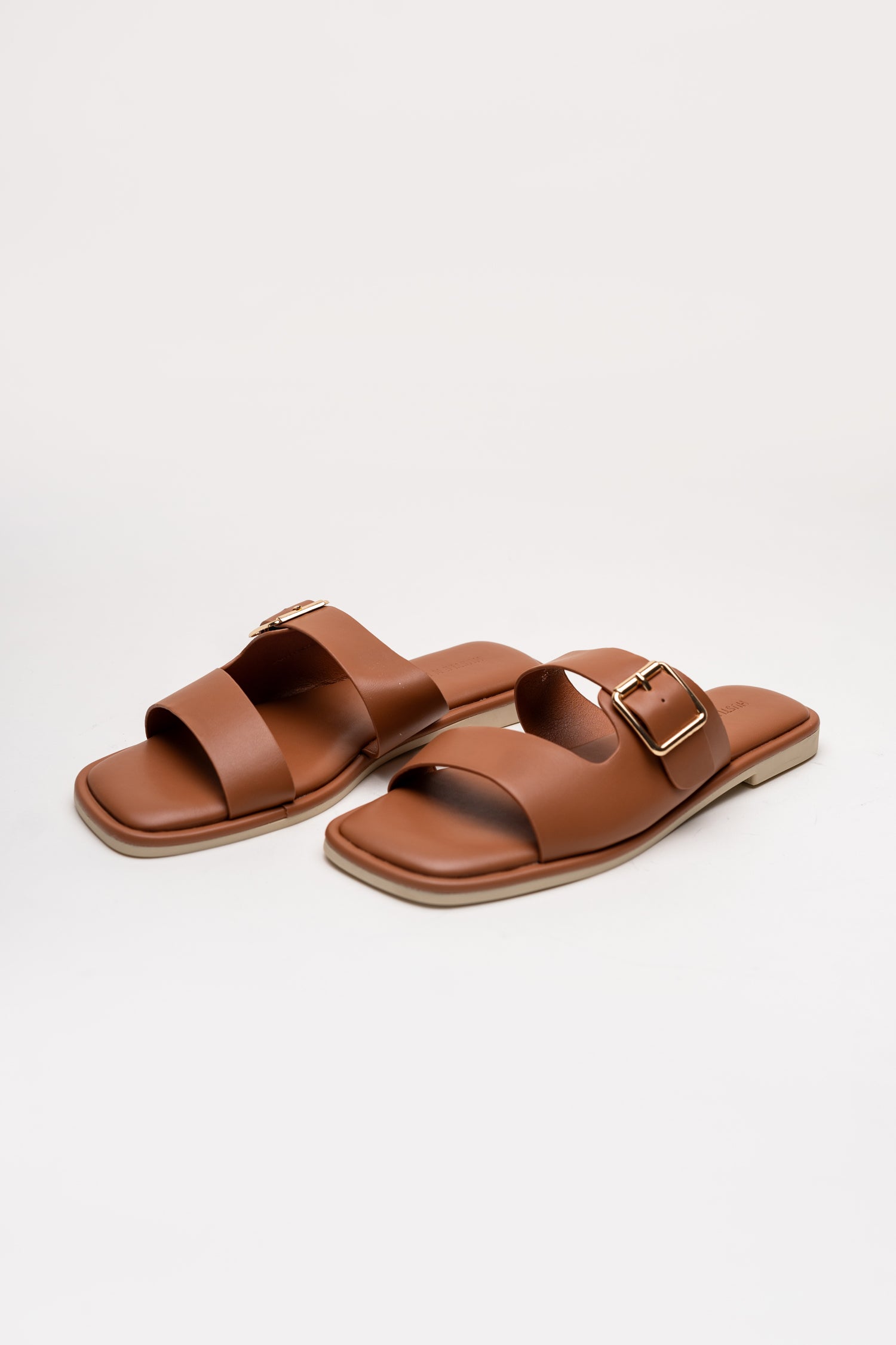 Tan Buckle Strap Flat Slides