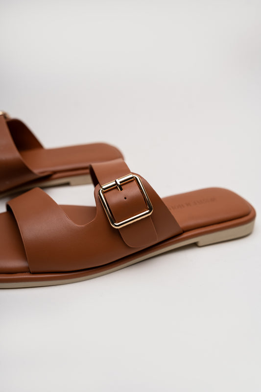 Tan Buckle Strap Flat Slides - Hustle N Holla