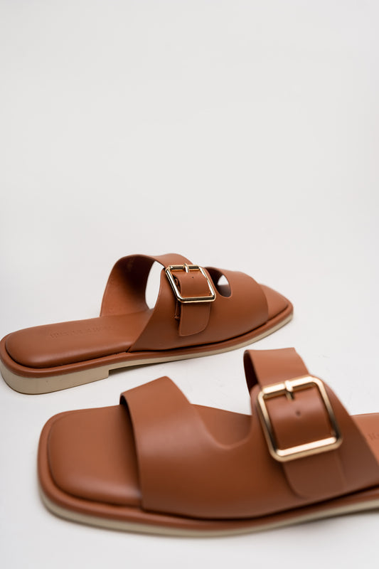 Tan Buckle Strap Flat Slides - Hustle N Holla