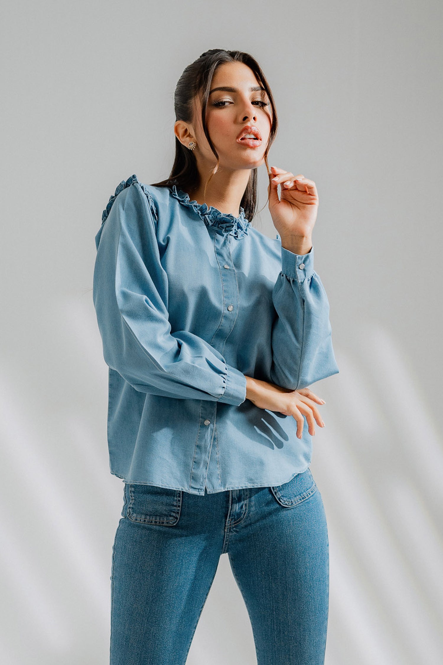 Chambray Ruffle Shirt - Hustle N Holla