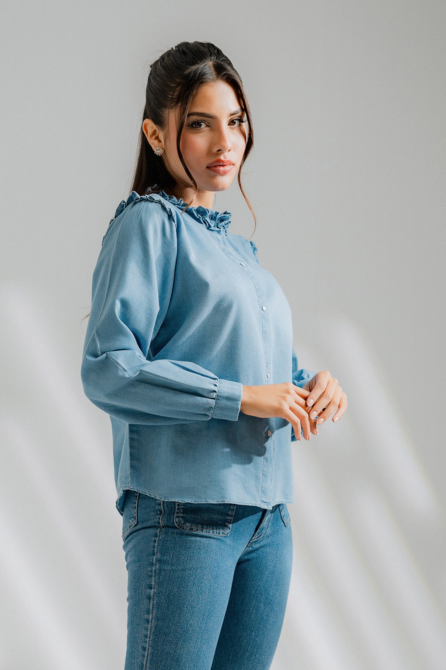 Chambray Ruffle Shirt - Hustle N Holla