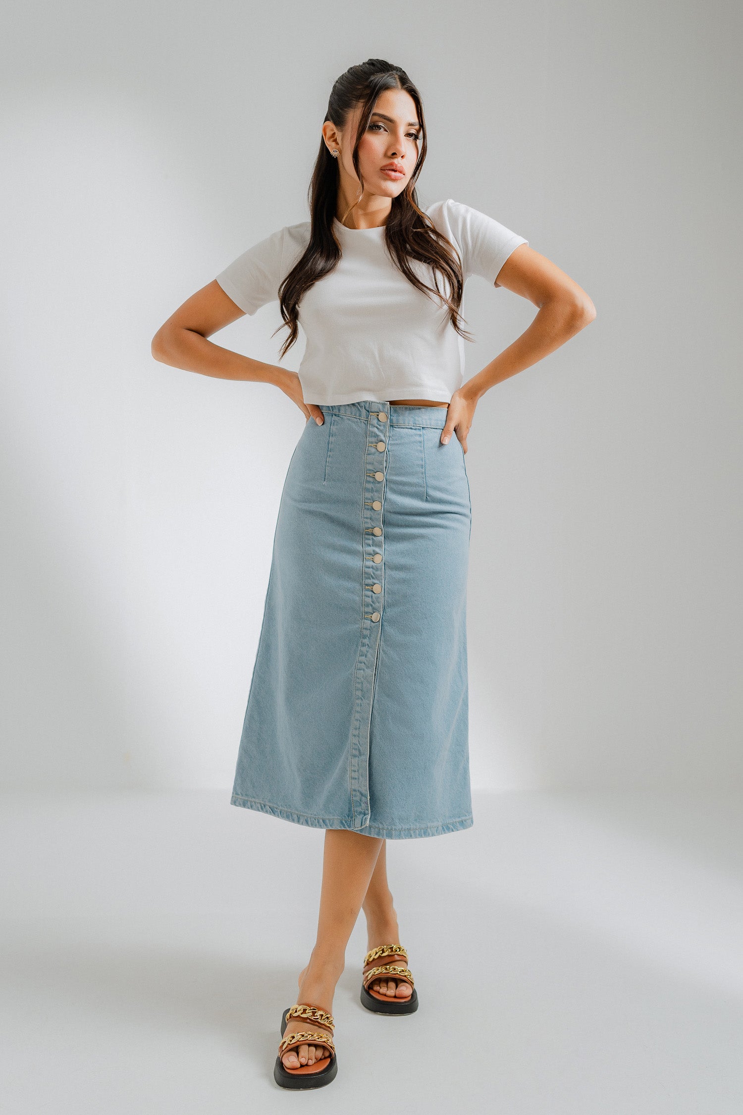 Mid Blue Button-Front Minor Fault Midi Skirt - Hustle N Holla