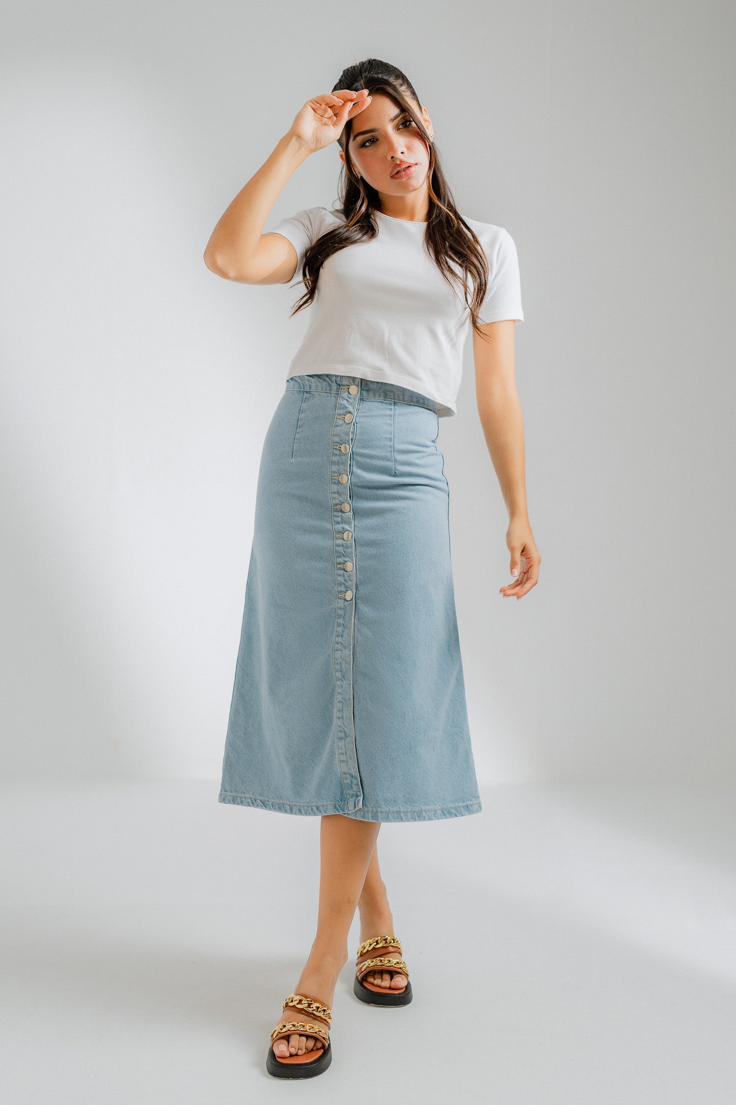 Mid Blue Button-Front Minor Fault Midi Skirt - Hustle N Holla
