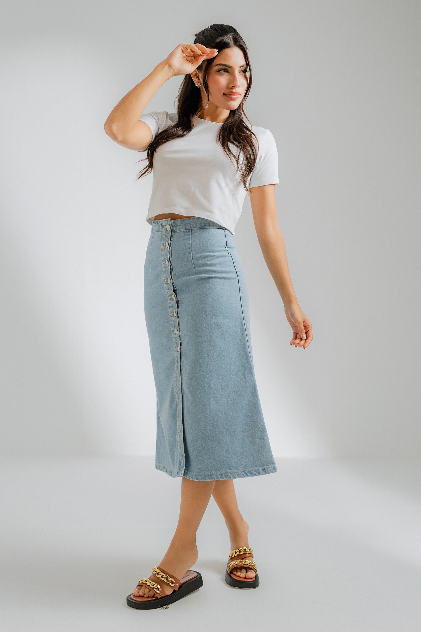 Mid Blue Button-Front Midi Skirt - Hustle N Holla