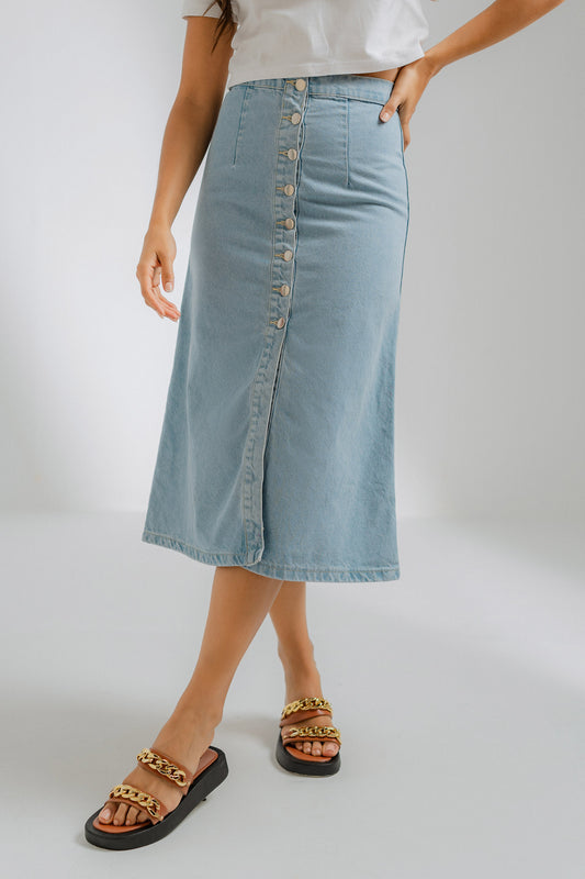 Mid Blue Button-Front Midi Skirt - Hustle N Holla