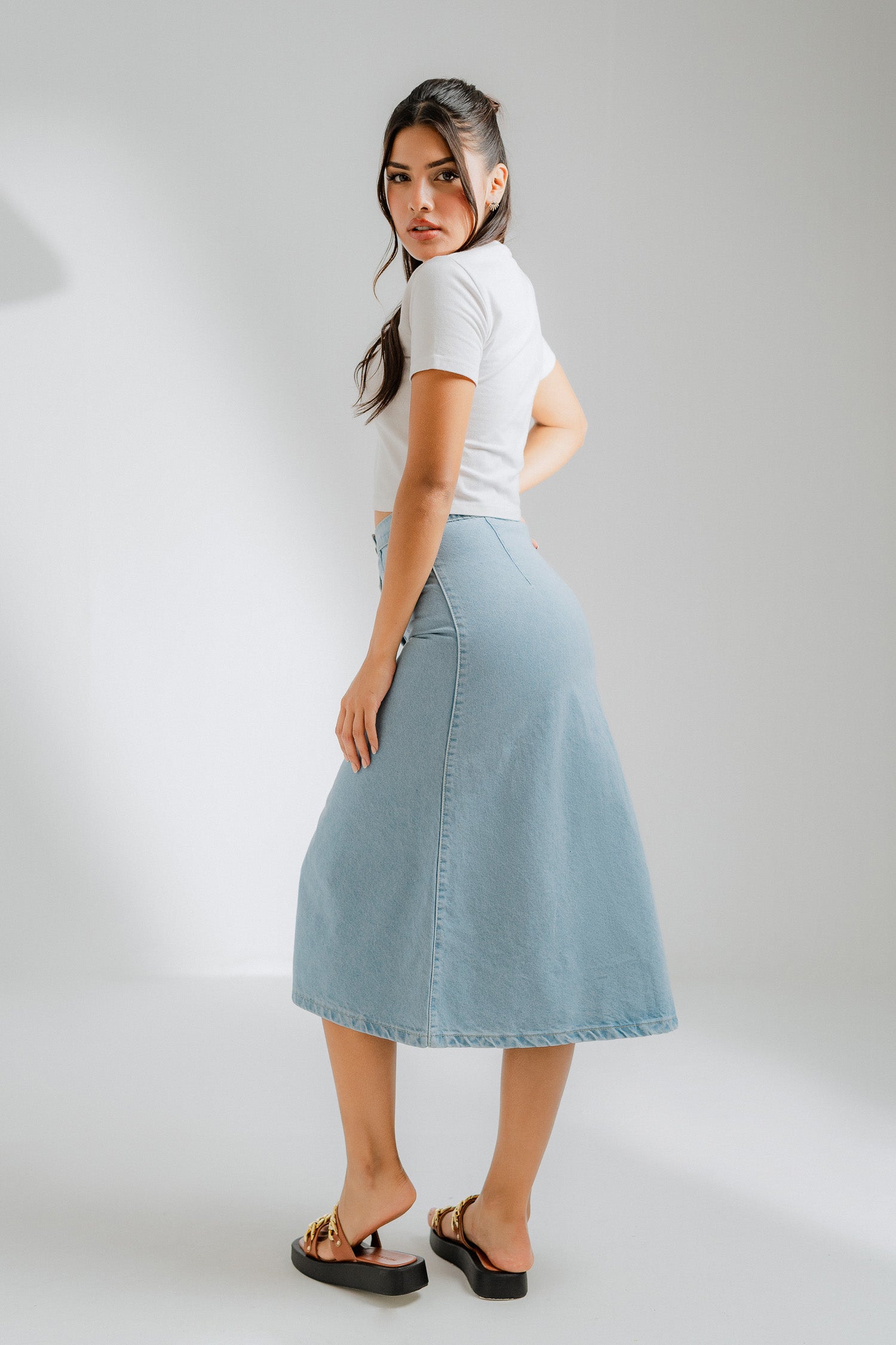 Mid Blue Button-Front Midi Skirt - Hustle N Holla