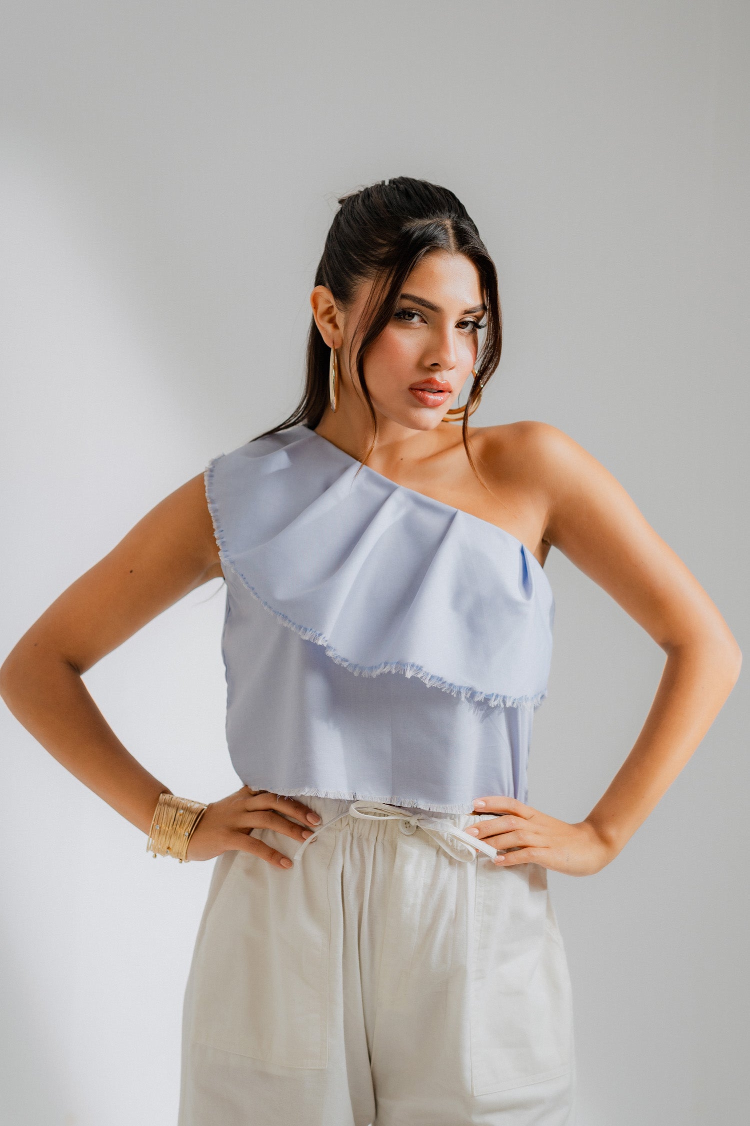 Blue Off Shoulder Ruffle Top